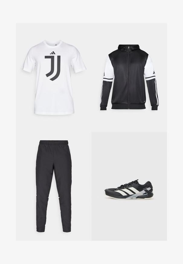 Crna dukserica s patentnim zatvaračem koja ima bijele rukave i tri bijele pruge duž ruku. Napravljena od glatkog, laganog materijala. Uključeni dizajn kapuljače.; Bijela pamučna majica s kratkim rukavima koja ima veliki crni logo Juventusa na prednjoj strani. Okrugli izrez, standardni kroj.; Crne atletske hlače s elastičnim strukom, sužavajućim nogavicama i bijelim bočnim naglascima. Izrađene od sintetičkog materijala s glatkom teksturom.; Crne atletske cipele s bijelim prugama, mrežasta gornja strana, zaobljeni prst i podstavljeni đon. Imaju teksturiranu petu i siguran sustav vezivanja.