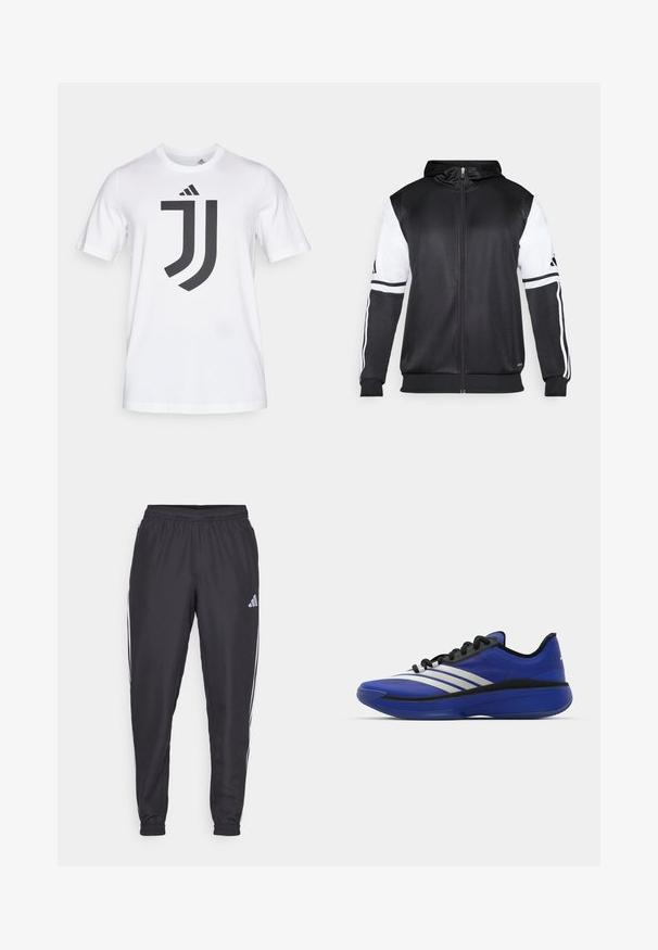 Black zip-up hoodie featuring white sleeves and three white stripes along the arms. Made from a smooth, lightweight fabric. Hoodie design included.; White cotton t-shirt with short sleeves featuring a large black Juventus logo design on the front. Round neckline, standard fit.; Black athletic pants with an elastic waistband, featuring white stripes along the sides and a small logo on the hip. Smooth texture.; adidas Performance ADIZERO SELECT 3.0 - Basketball shoes - lucid blue/core black/metallic