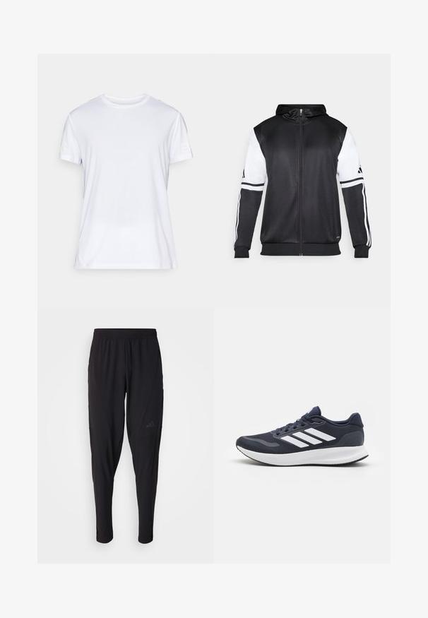 Sort zip-up hættetrøje med hvide ærmer og tre hvide striber langs armene. Lavet af et glat, letvægtsstof. Designet til hættetrøjen er inkluderet.; Hvid t-shirt med korte ærmer lavet af letvægtsstof. Har en rund halsudskæring og et subtilt tekstureret mønster. Logoet er trykt på ærmet.; Sorte træningsbukser med elastisk talje, tætsiddende design, sidelommer og diskret logo-detail. Fremstillet af fleksibelt, åndbart stof.; Marineblå atletiksko med en åndbar mesh-overdel, hvidt tre-stribe-logo, rund tå og struktureret gummisål for godt greb.