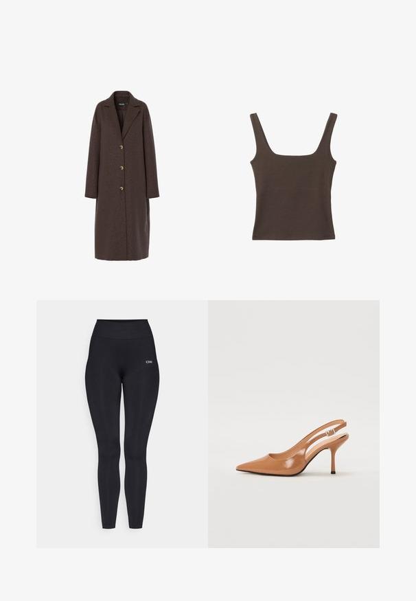 Rjavi plašč iz volnene mešanice s strukturnim oblikovanjem, srajčnimi reverji in tremi zlatimi gumbi. Ima dolge rokave in srednje dolžino.; Rjava brezrokavna majica s kvadratnim izrezom, narejena iz mehkega, elastičnega materiala. Ima oprijet kroj in ravne šive.; Črne leggins hlače z visokim pasom, izdelane iz gladkega, raztegljivega materiala. Imajo majhen logotip blizu pasu.; Slinčaste pete z ostro konico v gladkem, sijočem bež materialu. Imajo ukrivljen rez in vitko stiletto peto. Podrobnost s srebrno zaponko.