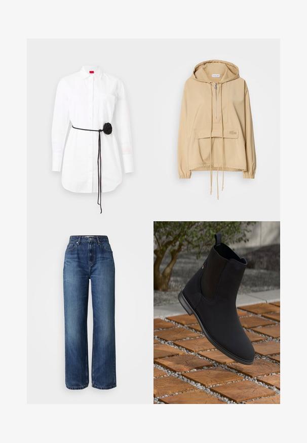 Beige kapucnis pulóver félcipzárral, elülső kenguru zsebbel, zsinórral állítható aljjal, bordázott mandzsettákkal és hímzett logóval a zsebben.; Fehér, hosszú ujjú, gombos ing, mellzsebkendővel és fekete szövet övvel, amely rózsa részlettel rendelkezik. Pamut anyag, sima textúrával.; Széles szárú kék farmernadrág magas derékkal, klasszikus öt zsebes stílussal és enyhe kopással. Cipzárral és gombos záródással készült.; Fekete bokacsizma rugalmas oldalpanellel, amely lebeg egy fa négyzetcsempe felett, kövekkel egy szabadtéri környezetben.