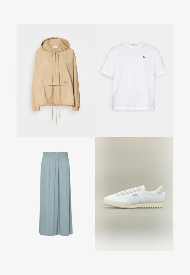 Smėlinis puloveris su gobtuvu, su pusiau užtrauktuku, priekyje kengūros stilius kišenė, su raišteliu apatine dalimi, megzti rankogaliai ir siuvinėtas logotipas ant kišenės.; Balta medvilninė marškinė su apvalia iškirpte ir trumpomis rankovėmis. Pirmoje pusėje priklijuotas žalias siuvinėtas logotipas. Minkšta tekstūra, laisvas siluetas.; Šviesiai mėlyna maxi sijonas su surinktu elastiniu juosmeniu, pagamintas iš minkštos medžiagos, su vertikaliomis klostėmis, suteikiančiomis tekstūrą ir judėjimą.; Balti odiniai sportbačiai su béžiniu zomšiniu akcentu. Turintys apvalų pirštą, plokščias raištelius ir tekstūruotą padą. Lacoste logotipas šone.