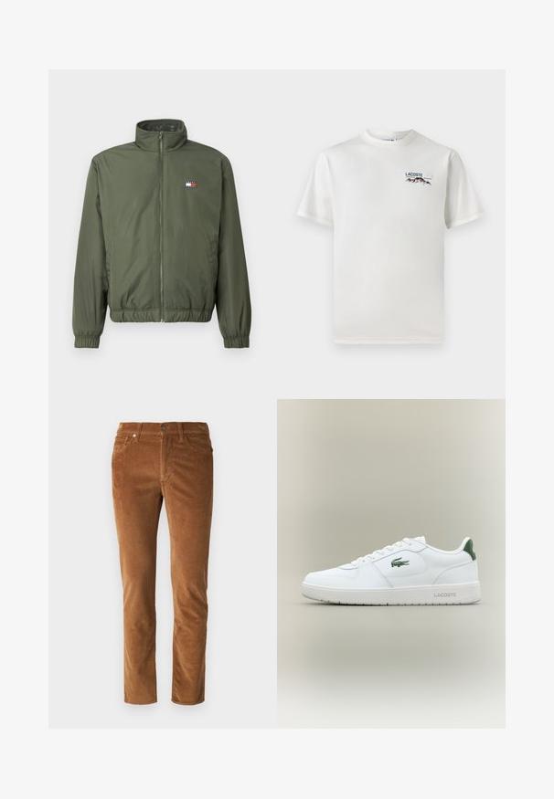 Alyvuogių žalios pūkinės striukės su aukštu apykakle, priekiniais užtrauktukais, elastiniais rankogaliais ir apačia, su mažuoju siuvinėjimu ant krūtinės.; Baltas medvilninis marškinėliai su apykakle, trumpomis rankovėmis ir mažas siuvinėtas logotipas, vaizduojantis kalnus ir tekstą ant kairiojo krūtinės.; Rudos kordūro žemynai su tiesiu kirpimu, su užtrauktuku, mygtuko Uždarymu ir dviem priekiniais kišenėmis. Tekstūruota medžiaga su vertikaliais raumenimis.; Balti odiniai sportbačiai su lygiu paviršiumi, žaliais akcentais ant kulno ir žalia logotipu šone. Siūlo plokščią pado struktūrą ir apvalią nosį.