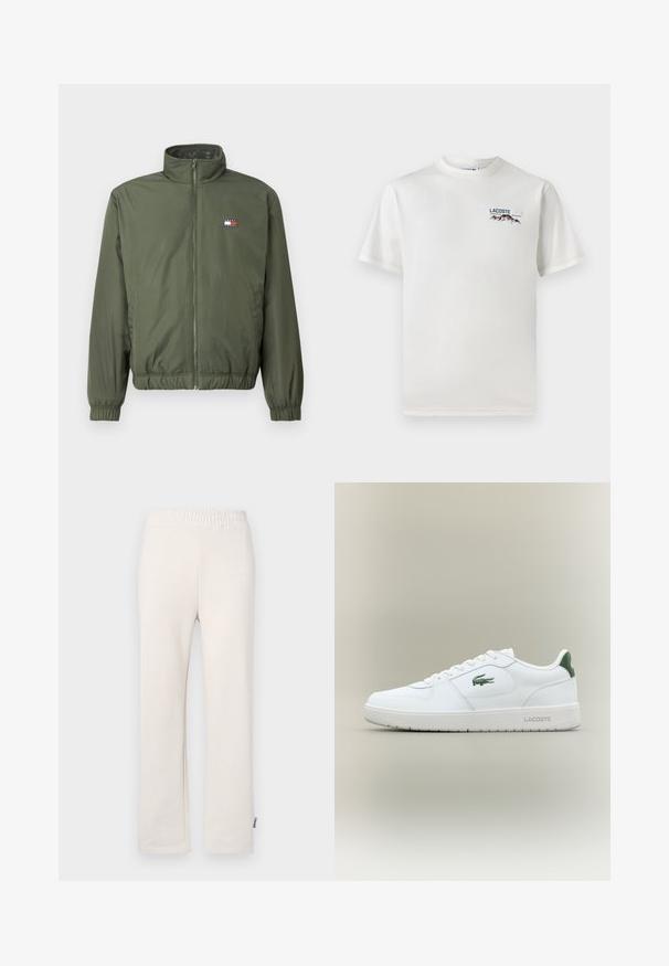 Olivgrüne Pufferjacke mit hohem Kragen, Frontreißverschluss, elastischen Bündchen und Saum, versehen mit einem kleinen gestickten Logo auf der Brust.; Weißes Baumwoll-T-Shirt mit rundem Halsausschnitt, kurzen Ärmeln und kleinem gesticktem Logo mit Bergen und Text auf der linken Brust.; Beige Baumwoll-Sweatpants mit elastischem Bund und besticktem Logo. Gerades Bein-Design mit glatter Textur und dezenten Nähten.; Weiße Leder-Sneaker mit glatter Oberfläche, grünen Akzenten an der Ferse und einem grünen Logo an der Seite. Verfügt über eine flache Sohle und eine runde Zehenform.