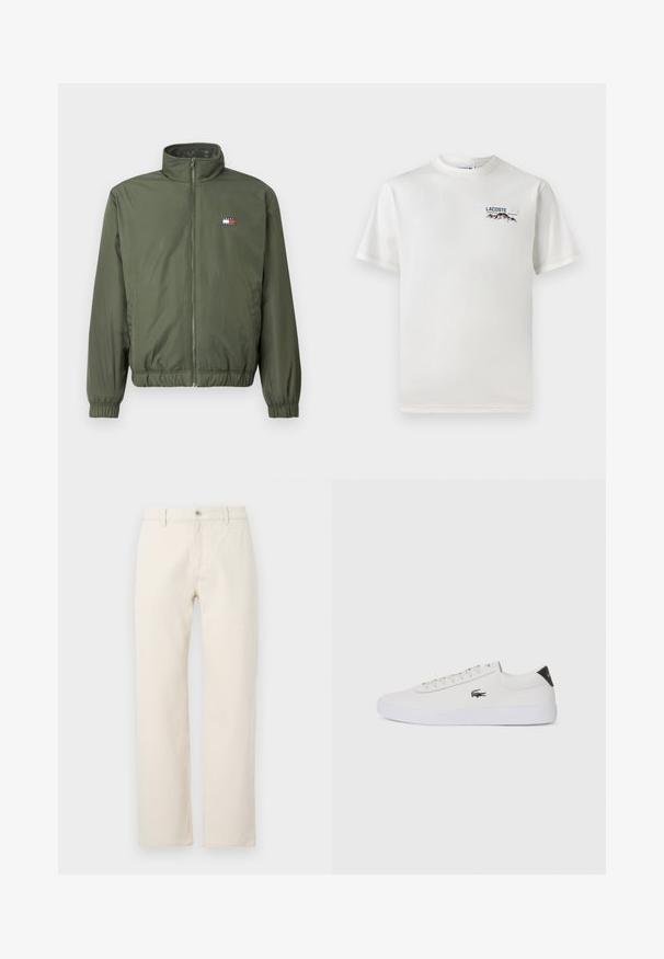 Olive green puffer jacket with a high collar, front zipper, elasticized cuffs and hem, featuring a small embroidered logo on chest.; White cotton T-shirt with a round neckline, short sleeves, and a small embroidered logo featuring mountains and text on the left chest.; Cream-colored straight-leg jeans made of cotton, featuring a button closure, belt loops, and a plain texture without patterns.; White leather sneaker with round toe, lace-up front, and black heel accent. Features a small embroidered crocodile logo on the side.