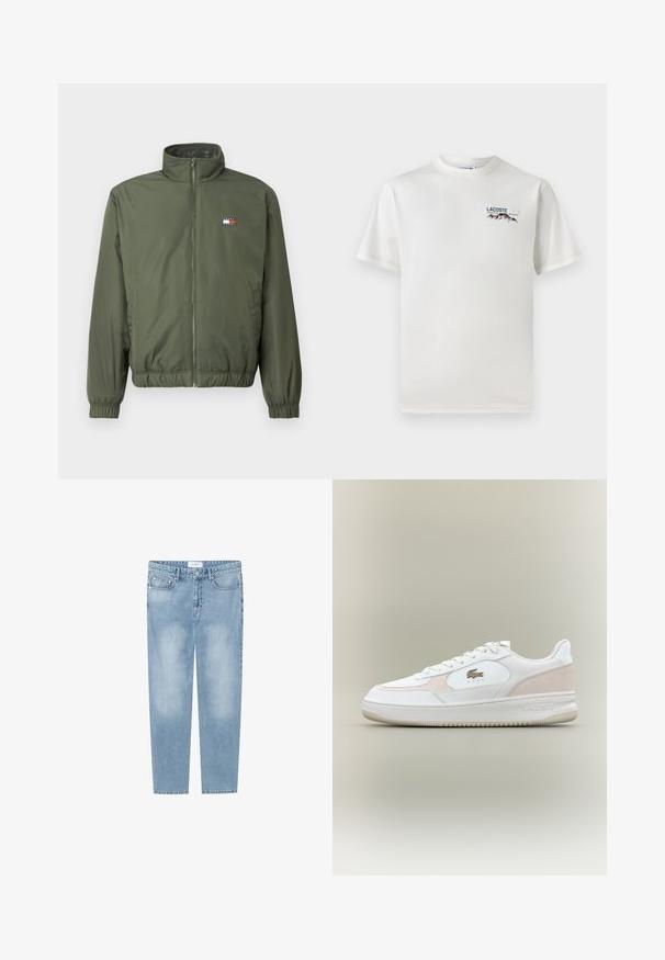 Casaco puffer verde-azeitona com colarinho alto, fecho de correr frontal, punhos e bainha elásticos, apresentando um pequeno logo bordado no peito.; T-shirt de algodão branco com decote redondo, mangas curtas e um pequeno logótipo bordado apresentando montanhas e texto no lado esquerdo do peito.; Jeans retos de cor azul claro feitos de denim. Apresenta um design de cinco bolsos, áreas desbotadas e uma etiqueta na cintura. Sem adornos.; Tênis brancos com upper de couro liso, detalhes em camurça e sola de borracha. Apresenta logotipo em relevo e design com cadarço. Estética minimalista.