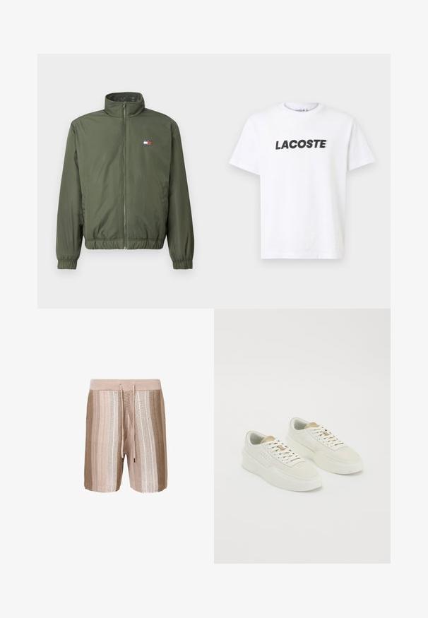 Olívazöld puffabunda magas gallérral, elöl cipzárral, rugalmas mandzsettákkal és aljjal, kisméretű hímezett logóval a mellkason.; Fehér pamut póló, amelyen egy feltűnő fekete "LACOSTE" logó található a mellkason. Rövid ujjak és kerek nyakú dizájn.; Beige kötött fürdőnadrág, világosabb árnyalatú vízszintes csíkokkal, rugalmas derékkal, húzózsinórral és texturált anyagból.; Két sárgásfehér alacsony szárú sportcipő bézs kiegészítőkkel, vastag talppal és fehér fűzőkkel, sima fehér háttéren.
