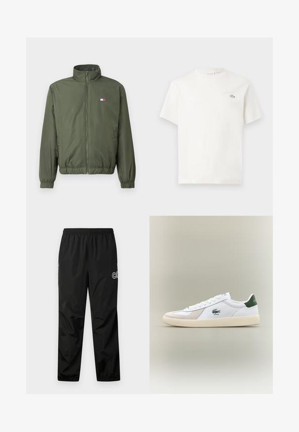 Olivno zeleni puferjak z visokim ovratnikom, sprednjim zadrgo, elastičnimi manšetami in robom, s majhnim izvezenim logotipom na prsih.; Bela bombažna majica s kratkimi rokavi, ki ima subtilno vezeno logo in minimalističen dizajn. Mehka tekstura, okrogla izreza vratu.; Črne dežne hlače iz lahkega, vodoodpornega materiala. Imajo elastičen pas in logotip na strani. Gladka tekstura.; Bela tenisa z zelenimi dodatki, iz semiša in usnja, okrogla konica, teksturiran podplat ter izšit logotip na strani in jeziku.