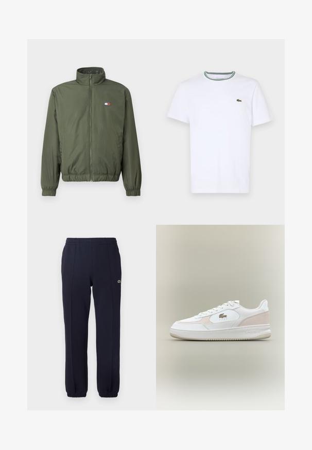 Alyvuogių žalios pūkinės striukės su aukštu apykakle, priekiniais užtrauktukais, elastiniais rankogaliais ir apačia, su mažuoju siuvinėjimu ant krūtinės.; Balta medvilninė trumpo rankovės marškinėliai su įsiūtu apykakle, dekoruota žaliais ir juodais dryžiais; mažas žalias siuvinėtas logotipas kairėje krūtinės pusėje.; Tamsiai mėlynos sportinės kelnės, pagamintos iš minkštos medžiagos, su elastinga juosmens juosta, elastingais aptemptais rankogaliais ir mažo logotipo akcentu kairėje pusėje.; Balti sportbačiai su lygia odos viršutine dalimi, zomšos akcentais ir guminiais padu. Yra reljefinis logotipas ir raištelių uždėjimo dizainas. Minimalistinis estetika.