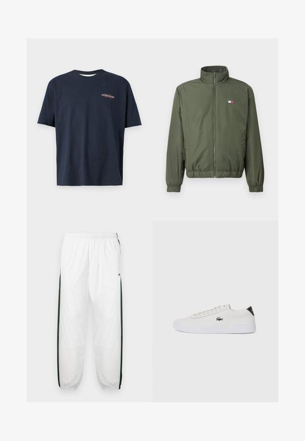 Oliivinvihreä toppatakki, jossa on korkea kaulus, etuvetoketju, elastiset hihansuut ja helma, sekä pieni brodeerattu logo rinnassa.; T-paita tummansinisestä puuvillasta, jossa on lyhyet hihat. Edessä pieni brodeerattu "GUESS JEANS" -logo punaisena ja valkoisena. Pyöreä kaula-aukko, normaali istuvuus.; Valkoiset urheiluhousut tummanvihreillä sivupaneeleilla. Kevyt materiaali, joustava vyötärö ja resorit. Sivupaneeleissa on verkkotyyppinen tekstuuri.; Valkoinen nahkakenkä pyöreällä varvalla, nauhakiinnitys edessä ja musta kantapään korostus. Sivussa pieni brodyoitu krokotiililogo.