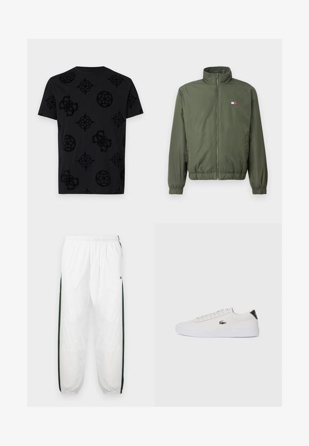 Olive green puffer jacket with a high collar, front zipper, elasticized cuffs and hem, featuring a small embroidered logo on chest.; Black t-shirt featuring a textured pattern of various circular and geometric shapes. Crew neckline, short sleeves, and relaxed fit.; White track pants with dark green side panels. Lightweight material, elastic waistband, and cuffed hems. Features mesh texture on side panels.; White leather sneaker with round toe, lace-up front, and black heel accent. Features a small embroidered crocodile logo on the side.