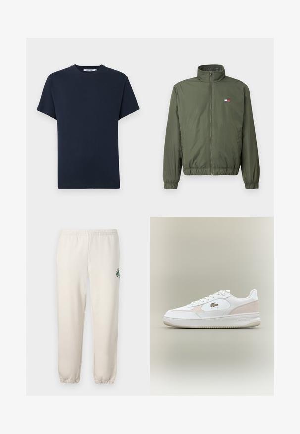 Olive green puffer jacket with a high collar, front zipper, elasticized cuffs and hem, featuring a small embroidered logo on chest.; Dark navy blue short-sleeve t-shirt made from cotton, featuring a round neckline and a relaxed fit. Simple, solid color without patterns.; Light beige sweatpants made of cotton, featuring an elastic waistband, ribbed cuffs, and a green logo with leaf design on the left leg.; White sneakers with smooth leather upper, suede accents, and rubber sole. Features embossed logo and lace-up design. Minimalist aesthetic.