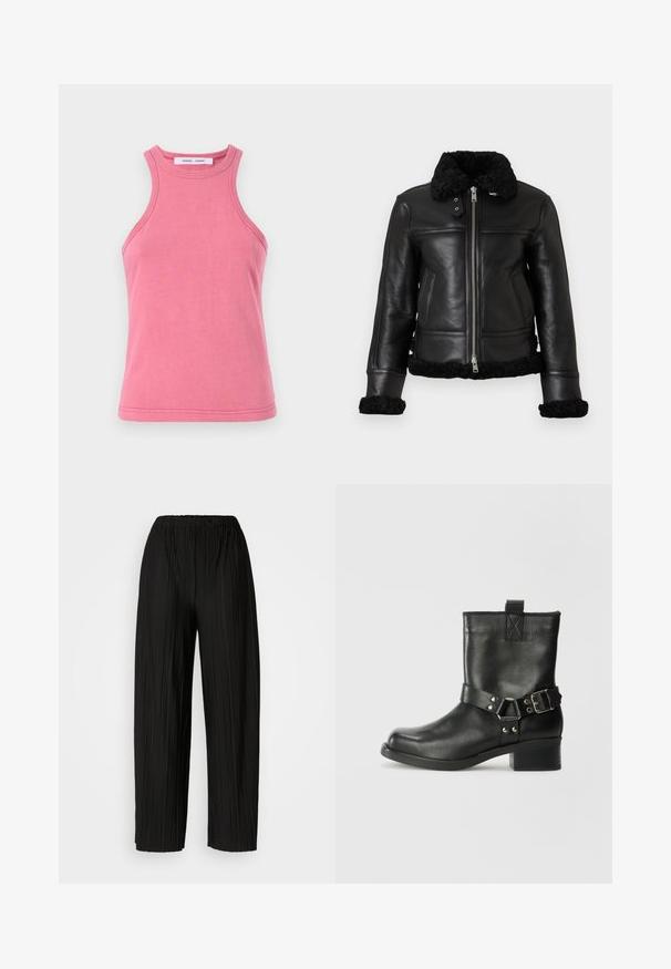 Juodas odinis švarkas su pūkuotu juodu avikailio apykakle ir rankogaliais, užtrauktuko uždarymu ir kūno dalimis. Yra du šoniniai kišeniai.; Rožinė medvilninė palaidinė be rankovių su apvaliu iškirpimu ir įlenktomis pečių juostomis. Yra dvigubai siūti šonai ir minkšta, lygi tekstūra.; Juodos plisuotos plačios kojos kelnės su elastine juostos. Medžiaga pasižymi vertikaliomis plokštelėmis ir lygiu paviršiumi.; Samsøe Samsøe SABRENTA - Kaubojiški / motociklininko stiliaus aulinukai - black