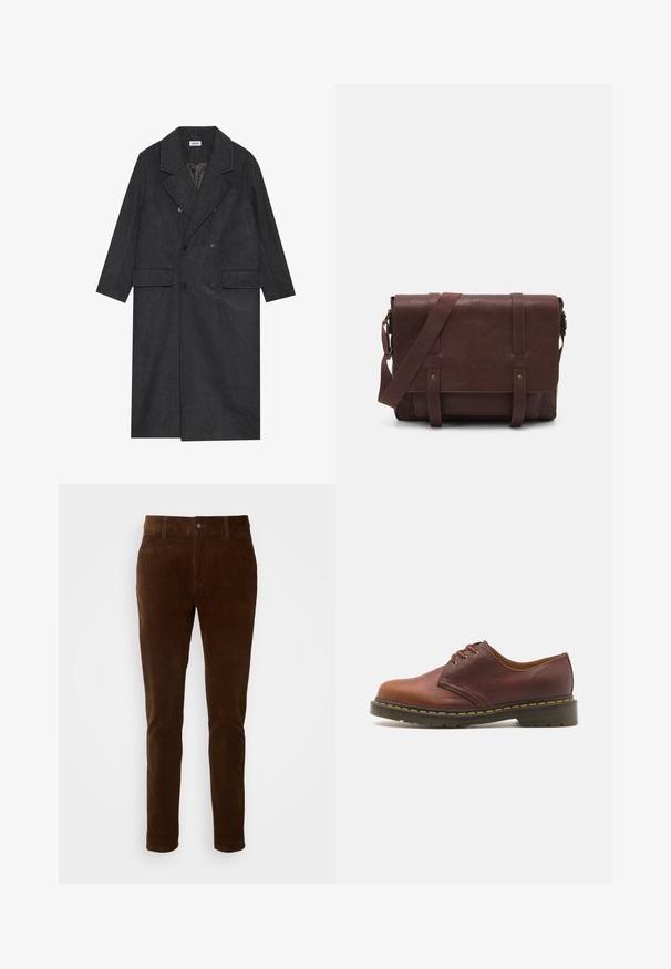 Temno sivi dvoredni plašč izdelan iz volnenega mešanega materiala z izrezanimi reverji, dvema sprednjima žepoma in šestimi gumbi. Vidna podložena notranjost.; Črna, prilegajoča se pulover s V-izrezom in dolgimi rokavi. Narejen iz mehkega pletenega materiala, z rebrastimi manšetami in pasom. Minimalističen dizajn.; Bela srajca z dolgimi rokavi z gumbi, izdelana iz gladkega bombaža. Ima klasičen ovratnik in zapiranje na gumb spredaj z ravnim robom.; Rjave kordurojske hlače z naravnim krojem, ki imajo gumbasto zapiranje in subtilno navpično rebrasto teksturo.; Rjavi usnjeni čevelj z gladko površino, okroglo kapo in petimi luknjami za vezanje. Opremljen je z rumenim šivom ob podplatu in teksturiranim petnim delom.; Rjava usnjena torba za sporočila z ravnim sprednjim poklopcem, dvema trakovoma, zlatimi kovinskimi detajli in nastavljivim naramnim pasom.