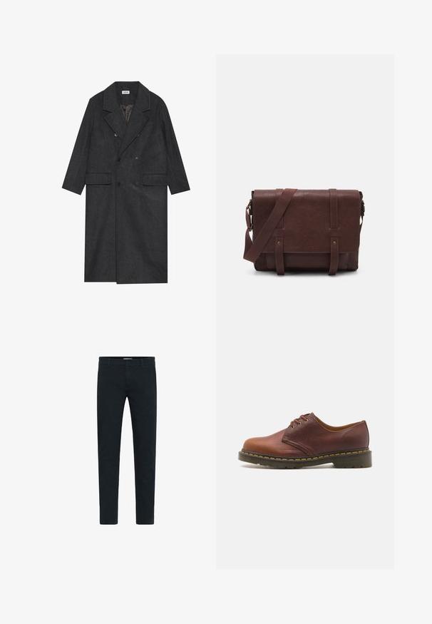 Cappotto doppiopetto grigio scuro realizzato in tessuto misto lana, con revers a punta, due tasche frontali e sei bottoni. Interno foderato visibile.; Maglione nero, aderente, con scollo a V e maniche lunghe. Realizzato in morbido tessuto a maglia, con polsini e vita a coste. Design minimalista.; Camicia bianca a maniche lunghe con bottoni realizzata in cotone morbido. Presenta un collo classico e una chiusura frontale con bottoni, con orlo dritto.; Pantaloni in cotone neri con vestibilità slim, dotati di chiusura a bottone e cerniera, cinque tasche e una texture liscia. Design semplice senza fantasie.; Scarpe in pelle marrone con finitura liscia, punta rotonda e lacci con cinque occhielli. Presentano cuciture gialle lungo la suola e un tacco testurizzato.; Borsa a tracolla in pelle marrone con un davanti piatto, due cinghie, dettagli in metallo dorato e una tracolla regolabile.