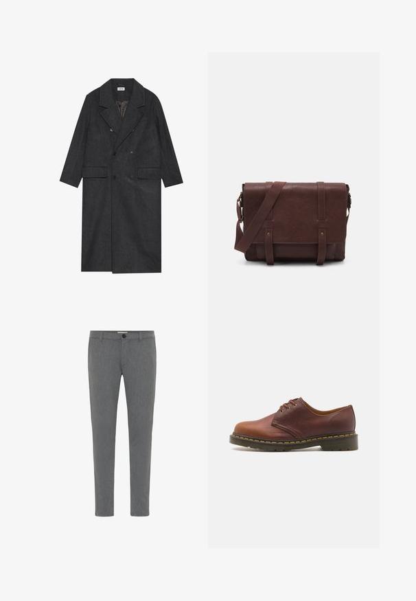 Tmavošedý dvojradový kabát vyrobený z vlnenej zmesi s klopovými chlopňami, dvoma prednými vreckami a šiestimi gombíkmi. Viditeľná podšívka.; Čierny, priliehavý sveter s výstrihom do V a dlhými rukávmi. Vyrobený z mäkkej pleteniny, s rebrovanými manžetami a pásom. Minimalistický dizajn.; Biela dlhá košeľa s dlhým rukávom vyrobená z hladkej bavlny. Obsahuje klasický golier a zapínanie na gombíky so rovnými okrajmi.; Sivé prispôsobené nohavice vyrobené z textúrovanej tkaniny, s klasickým pásom s pútkami na opasok, zipsom a jediným gombíkom na zapínanie.; Hnedé kožené topánky s hladkým povrchom, okrúhlym špičkou a šnurovaním na päť dierok. Obsahujú žlté šitie pozdĺž podrážky a textúrovanú pätu.; Hnedá kožená messenger taška s plochým predným klopom, dvoma popruhmi, zlatými kovovými detailmi a nastaviteľným ramenným popruhom.