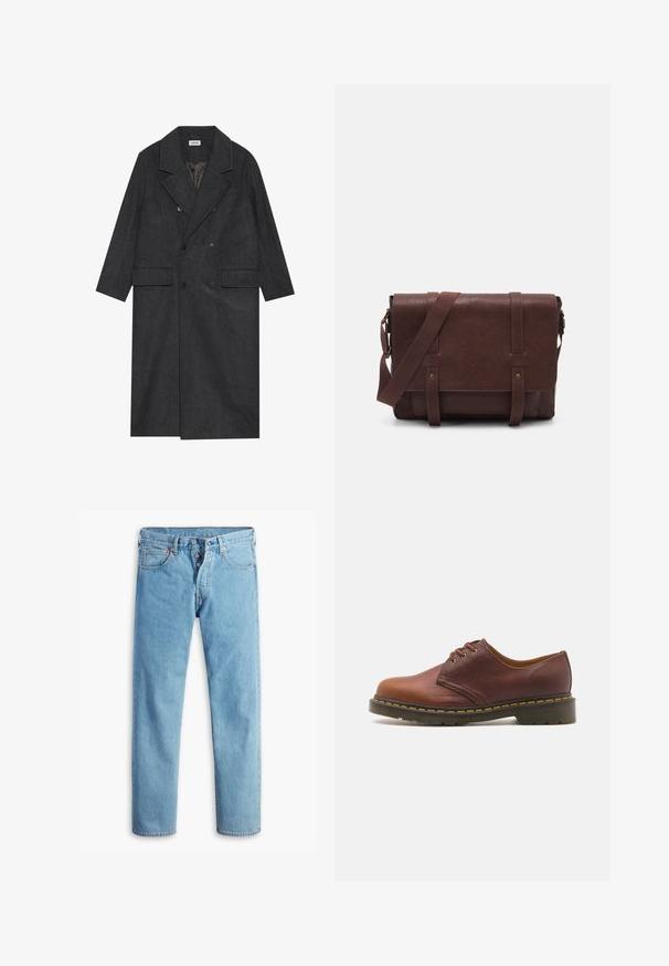 Cappotto doppiopetto grigio scuro realizzato in tessuto misto lana, con revers a punta, due tasche frontali e sei bottoni. Interno foderato visibile.; Maglione nero, aderente, con scollo a V e maniche lunghe. Realizzato in morbido tessuto a maglia, con polsini e vita a coste. Design minimalista.; Camicia bianca a maniche lunghe con bottoni realizzata in cotone morbido. Presenta un collo classico e una chiusura frontale con bottoni, con orlo dritto.; Jeans in denim blu chiaro con taglio dritto, design a cinque tasche e chiusura con bottoni. Presentano impunture e cuciture a contrasto attorno alle tasche.; Scarpe in pelle marrone con finitura liscia, punta rotonda e lacci con cinque occhielli. Presentano cuciture gialle lungo la suola e un tacco testurizzato.; Borsa a tracolla in pelle marrone con un davanti piatto, due cinghie, dettagli in metallo dorato e una tracolla regolabile.
