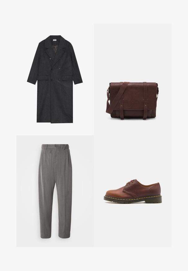 Mørkegrå dobbeltradet frakk laget av ullblanding med klappet krage, to frontlommer og seks knapper. Foret innside synlig.; Svart, tettsittende genser med V-hals og lange ermer. Laget av mykt strikket stoff, med ribbede mansjetter og midje. Minimalistisk design.; Hvit langermet skjorte med knapper laget av glatt bomull. Den har en klassisk krage og knappefrontlås med rett avslutning.; Grå bukser med en skreddersydd design, med legg, rett snitt og en glatt tekstur. Avsluttet med beltestropper.; Brune lærstøvle med en glat finish, rund tå og snøring med fem snorlufthuller. Har gul syning langs sålen og en tekstureret hæl.; Brun lær messenger bag med en flat frontklaff, to stropper, gullfargede detaljer og en justerbar skulderrem.