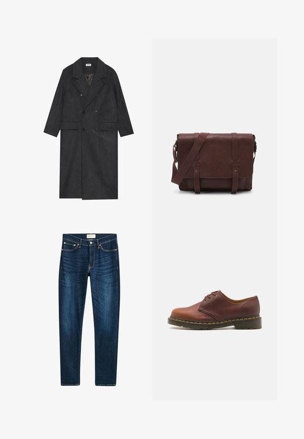 Czarny, ciemnoszary, podwójnie zapięty płaszcz wykonany z mieszanki wełny, z klapami, dwoma przednimi kieszeniami i sześcioma guzikami. Widoczne podszewka wewnętrzna.; Czarny, dopasowany sweter z dekoltem w serek i długimi rękawami. Wykonany z miękkiej dzianiny, z prążkowanymi mankietami i pasem. Minimalistyczny design.; Ciemnoniebieskie dżinsy wykonane z denimu, charakteryzujące się prostym krojem nogawek, pięcioma kieszeniami, miedzianymi nitami oraz delikatnym wyblaknięciem na materiale.; Brązowy skórzany but o gładkim wykończeniu, okrągłym nosku i pięciu oczkach do sznurowania. Posiada żółte przeszycia wzdłuż podeszwy oraz teksturowany obcas.; Brązowa skórzana torba na ramię z płaskim klapem z przodu, dwoma paskami, złotymi akcentami oraz regulowanym paskiem na ramię.