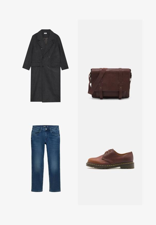 Tamsiai pilkas dvigubos sagtys paltas, pagamintas iš vilnos mišinio, su notch apykaklėmis, dviem priekinėm kišenėm ir šešiom sagom. Matoma pamušalo vidinė dalis.; Juodas, prigludęs V-kaklo megztinis su ilgomis rankovėmis. Pagamintas iš minkštos mezgimo medžiagos, su raukšlėtais rankogaliais ir juosmeniu. Minimalistinio dizaino.; Vyrų tiesaus kirpimo džinsai tamsiai mėlynos spalvos džinsinio audinio, su klasikinio penkių kišenių dizainu, subtiliu išblukimu ir mygtuko uždarymu.; Rudos odinės batai su lygia apdaila, apvaliu galiuku ir penkiais akeliais raišteliams. Įrengta geltona siuvinėjimas prie pado ir tekstūruotas kulnas.; Rudas odinis paštininko krepšys su lygiu priekiniu dangčiu, dviem diržais, auksiniais detalėmis ir reguliuojamu peties diržu.