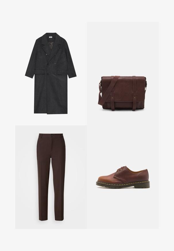 Casaco cinza escuro de botão duplo feito de tecido de lã misto, com lapelas caneladas, dois bolsos frontais e seis botões. Interior forrado visível.; Suéter preto, ajustado, com decote em V e mangas compridas. Feito de um tecido de malha suave, com punhos e cintura canelados. Design minimalista.; Calças castanhas com um design de perna reta, apresentando um único vinco frontal, fecho de botão e uma textura de tecido suave.; Shoe de couro castanho com um acabamento suave, bico redondo e cinco ilhós para os atacadores. Apresenta costura amarela ao longo da sola e um calcanhar texturizado.; Mala mensageiro de couro castanho com uma aba frontal plana, duas correias, detalhes em metal dourado e uma alça de ombro ajustável.