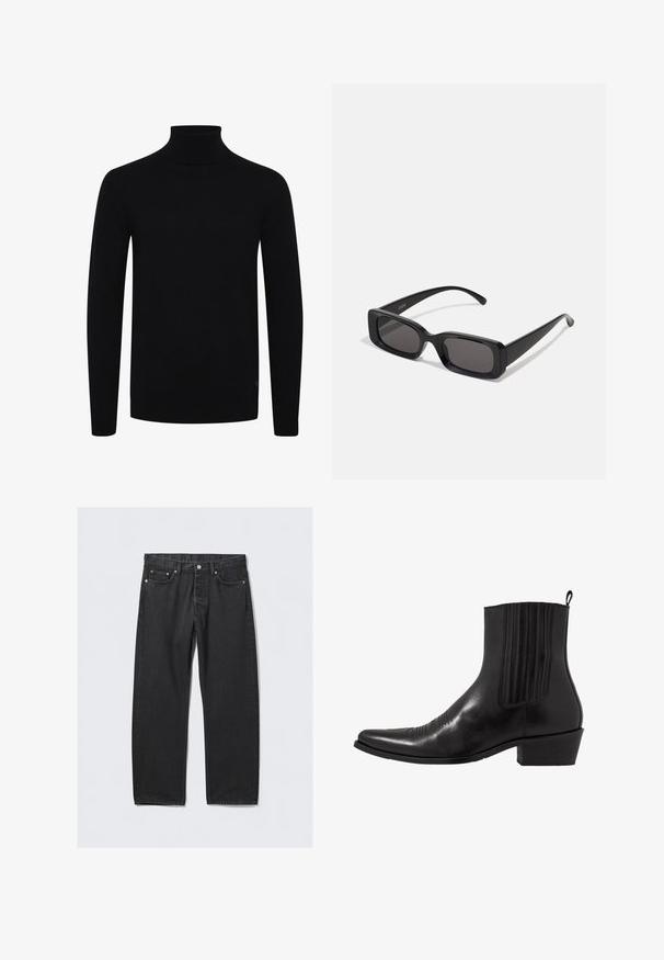 Tmavošedý dvojradový kabát vyrobený z vlnenej zmesi s klopovými chlopňami, dvoma prednými vreckami a šiestimi gombíkmi. Viditeľná podšívka.; Čierny rolák, dlhé rukávy, rebrovaný golier a lem, vyrobený z hladkého pleteného materiálu, s jemným logom na spodnej strane.; Čierne denimové nohavice so strihom rovného nohavicu, s gombíkovým zapínaním, piatimi vreckami a kovovými detailmi v medi. Hladká textúra.; Čierne kožené členkové topánky s špičatou špičkou, elastickými bočnými panelmi, vertikálnymi švami a nízkym blokovým podpätkom.; Čierne obdĺžnikové slnečné okuliare s tmavými šošovkami, lesklým povrchom, širokými ramenami a robustným rámovým dizajnom. Vygravírované meno značky na jednom ramene.