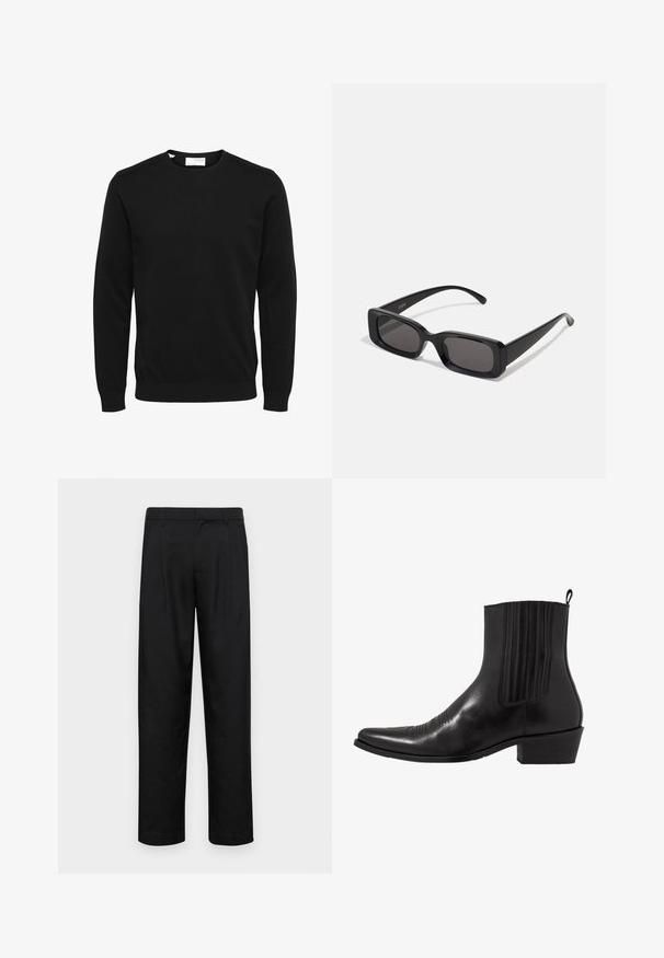 Temno sivi dvoredni plašč izdelan iz volnenega mešanega materiala z izrezanimi reverji, dvema sprednjima žepoma in šestimi gumbi. Vidna podložena notranjost.; Črna pletena pulover, okrogla izrezana vrhnja, dolgi rokavi, rebrasti manšeti in spodnji rob. Preprost dizajn, gladka tekstura, brez vidnih vzorcev ali dodatkov.; Črne hlače iz gladkega materiala, s krojem ravne noge, dvema sprednjima pregiboma in standardnim pasom z zankami za pas.; Črne usnjene gležnjarje s koničastim nosom, elastičnimi stranskimi paneli, navpičnimi šivi in nizko blokasto peto.; Črne pravokotne sončna očala z temnimi lečami, sijajna površina, široka ročaja in masiven okvir. Vgravirano ime blagovne znamke na eni ročaji.