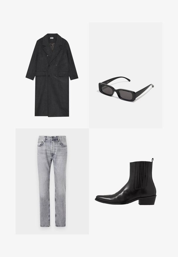 Abrigo de lana de color gris oscuro con doble botonadura, cuellos con muesca, dos bolsillos frontales y seis botones. Interior forrado visible.; Camisa blanca de manga larga con cuello clásico, tejido suave y tapeta delantera que presenta botones redondeados claros.; Los vaqueros de mezclilla gris presentan un corte recto, cinco bolsillos y un sutil efecto de desvanecimiento. Cierre de botón metálico y cremallera en la parte delantera.; Bota de cuero negro hasta el tobillo con punta afilada, paneles laterales elásticos, acentos de costura vertical y un tacón bajo y cuadrado.; Gafas de sol rectangulares negras con lentes oscuros, acabado brillante, patillas anchas y un diseño de marco robusto. Nombre de la marca grabado en una de las patillas.