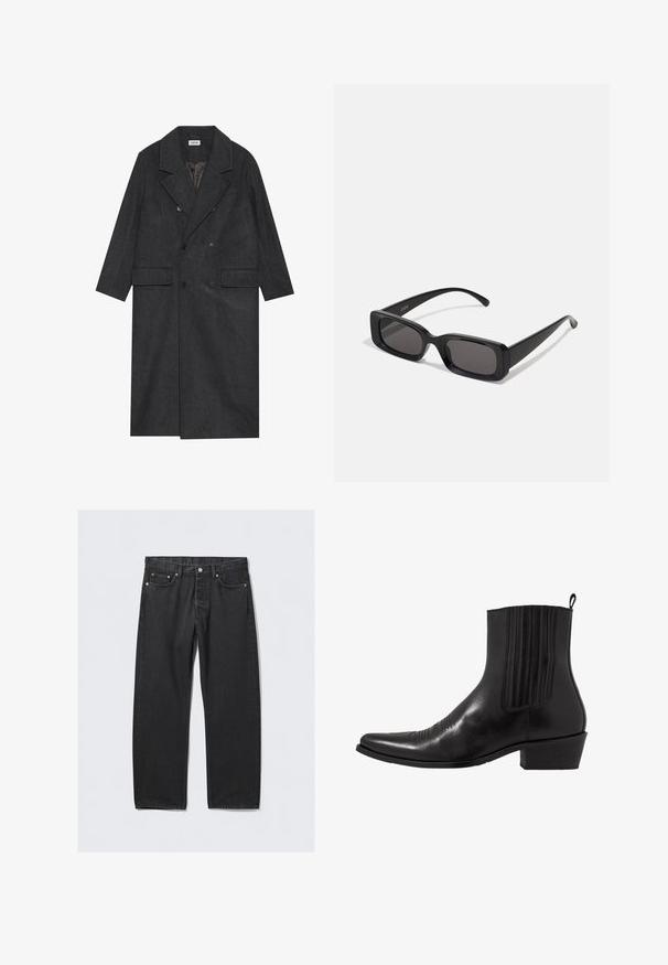 Cappotto doppiopetto grigio scuro realizzato in tessuto misto lana, con revers a punta, due tasche frontali e sei bottoni. Interno foderato visibile.; Camicia bianca a maniche lunghe con colletto classico, tessuto morbido e patta frontale con bottoni tondi chiari.; Jeans in denim nero con taglio dritto, dotati di chiusura a bottoni, cinque tasche e dettagli in metallo color rame. Texture liscia.; Stivale alla caviglia in pelle nera con punta affusolata, pannelli laterali elasticizzati, accenti di cuciture verticali e tacco a blocco basso.; Occhiali da sole neri rettangolari con lenti scure, finitura lucida, aste larghe e design della montatura spessa. Nome del marchio inciso su un'asta.