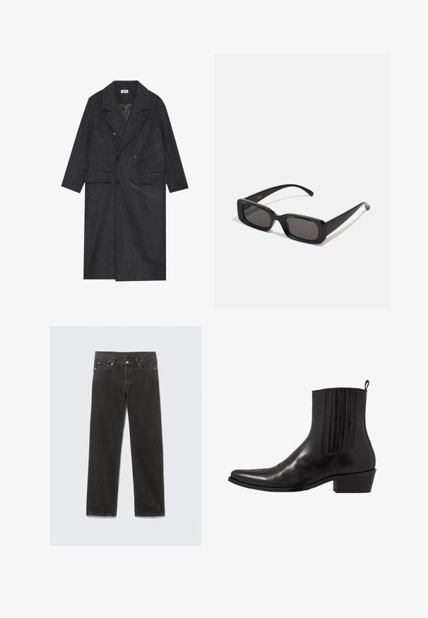 Palton dublu, gri închis, confecționat dintr-o țesătură de lână, cu rever tip notch, două buzunare frontale și șase butoane. Interior căptușit vizibil.; Cămașă albă cu mâneci lungi, cu nasturi, cu o cravată clasică, dintr-un material neted și cu o plasă frontală ce prezintă nasturi rotunjiți, de dimensiuni mici.; Blugi negri din denim, cu croi drept și un design clasic cu cinci buzunare, având cusături portocalii și închidere cu fermoar.; Cizma de gleznă din piele neagră, cu vârf ascuțit, panouri laterale elastice, accente de cusături verticale și toc bloc mic.; Ochelari de soare negri, cu ramă rectangulară, lentile întunecate, finisaj lucios, brațe late și un design masiv. Numele mărcii gravat pe una dintre brațe.