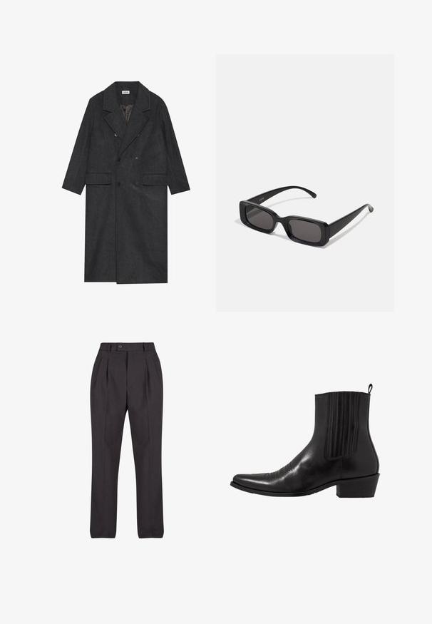 Tumši pelēkā krāsa divrindu mētelis, izgatavots no vilnas maisījuma auduma, ar iegrieztām atlokam, divām priekšējām kabatām un sešiem pogām. Redzama oderēta iekšpuse.; Balta garām piedurknēm pogājama krekla ar klasisku apkakli, gludu audumu un priekšējo pogu rindas ar maziem, noapaļotiem podziņām.; Melni pielāgoti bikses, izgatavotas no gludas auduma, ar priekšējiem krokām, vienu pogu aizdari un taisnām kājām bez redzamām rakstām.; Melna ādas potītes zābaku ar norādītu pirkstu, elastīgām sānu daļām, vertikālām šuvēm un zemu blokveida papēdi.; Melnas taisnstūrveida saulesbrilles ar tumšiem stikliem, spīdīga apdare, platas kājas un masīvs rāmja dizains. Uz vienas kājas ir iegravēts zīmola nosaukums.; Burgundijas zīda kaklasaites, šaura forma ar vienmērīgu faktūru. Satur smailu galu, vienmērīgu krāsu un gludu apdari.