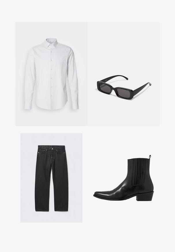Cappotto doppiopetto grigio scuro realizzato in tessuto misto lana, con revers a punta, due tasche frontali e sei bottoni. Interno foderato visibile.; Camicia bianca a maniche lunghe con colletto a punta, davanti con bottoni, realizzata in un tessuto morbido. Presenta una sottile trama a righe.; Jeans in denim nero con taglio dritto, dotati di chiusura a bottoni, cinque tasche e dettagli in metallo color rame. Texture liscia.; Stivale alla caviglia in pelle nera con punta affusolata, pannelli laterali elasticizzati, accenti di cuciture verticali e tacco a blocco basso.; Occhiali da sole neri rettangolari con lenti scure, finitura lucida, aste larghe e design della montatura spessa. Nome del marchio inciso su un'asta.