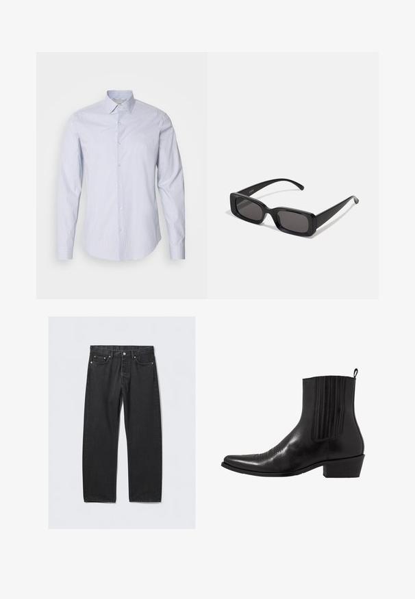 Temno sivi dvoredni plašč izdelan iz volnenega mešanega materiala z izrezanimi reverji, dvema sprednjima žepoma in šestimi gumbi. Vidna podložena notranjost.; Svetlo modra srajca z dolgimi rokavi in gumbi, ki ima tanke bele vertikalne črte, klasičen ovratnik in gumbno zapiranje s podrobnostmi na manšetah.; Črne kavbojke iz denima s ravnim krojem, z gumbom za zapenjanje, petimi žepi in detajli v bakreni barvi. Gladka tekstura.; Črne usnjene gležnjarje s koničastim nosom, elastičnimi stranskimi paneli, navpičnimi šivi in nizko blokasto peto.; Črne pravokotne sončna očala z temnimi lečami, sijajna površina, široka ročaja in masiven okvir. Vgravirano ime blagovne znamke na eni ročaji.