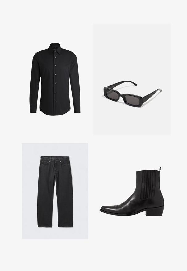 Temno sivi dvoredni plašč izdelan iz volnenega mešanega materiala z izrezanimi reverji, dvema sprednjima žepoma in šestimi gumbi. Vidna podložena notranjost.; Črna dolgoračna majica iz gladkega materiala, s klasičnim ovratnikom, sprednjim gumbom in zaobljenim robom ter srebrnimi gumbi.; Črne kavbojke iz denima s ravnim krojem, z gumbom za zapenjanje, petimi žepi in detajli v bakreni barvi. Gladka tekstura.; Črne usnjene gležnjarje s koničastim nosom, elastičnimi stranskimi paneli, navpičnimi šivi in nizko blokasto peto.; Črne pravokotne sončna očala z temnimi lečami, sijajna površina, široka ročaja in masiven okvir. Vgravirano ime blagovne znamke na eni ročaji.