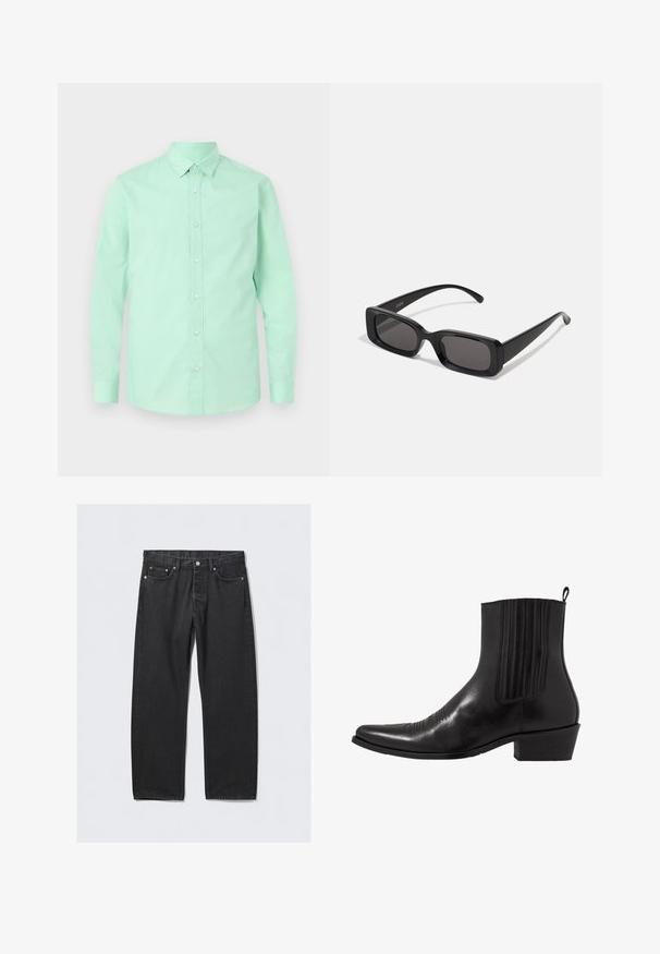 Cappotto doppiopetto grigio scuro realizzato in tessuto misto lana, con revers a punta, due tasche frontali e sei bottoni. Interno foderato visibile.; Camicia verde menta con bottoni, maniche lunghe, colletto e chiusura frontale con bottoni. Tessuto morbido, colore uniforme senza motivi o accenti visibili.; Jeans in denim nero con taglio dritto, dotati di chiusura a bottoni, cinque tasche e dettagli in metallo color rame. Texture liscia.; Stivale alla caviglia in pelle nera con punta affusolata, pannelli laterali elasticizzati, accenti di cuciture verticali e tacco a blocco basso.; Occhiali da sole neri rettangolari con lenti scure, finitura lucida, aste larghe e design della montatura spessa. Nome del marchio inciso su un'asta.