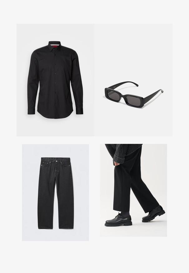 Sötétszürke, dupla soros kabát gyapjú keverékből, kihajtott gallérral, két elülső zsebbel és hat gombbal. A bélés belső része látható.; Fekete gombos ing, hosszú ujjakkal, klasszikus gallérral és látható gombsorral. A gallér belseje piros és fehér mintás részlettel rendelkezik.; Fekete farmernadrág egy egyenes szabással, gombos záródással, öt zsebből és rézszínű fém kiegészítőkből áll. Sima tapintású.; Fekete bőr cipők kerek orral, fűzős kialakítással és vastag, texturált talppal. Öltönyös fekete nadrággal és bordázott pulóverrel viselve.; Fekete, téglalap alakú napszemüveg sötét lencsékkel, fényes felülettel, széles szárakkal és masszív keret designnal. Az egyik szárra gravírozott márkanevével.