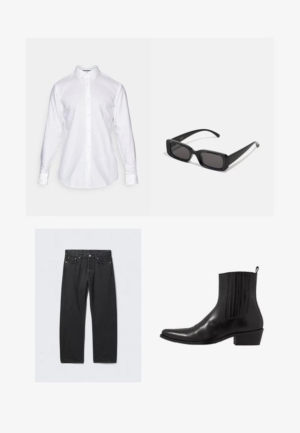 Donkergrijze dubbelbrede jas van een wolmix met steekrevers, twee voorkruiszakken en zes knopen. Voering van de jas zichtbaar.; Witte button-up shirt met een klassieke kraag, lange mouwen en een rechte zoom. Gemaakt van gladde stof met zichtbare stiksels en knopen.; Zwarte denim jeans met een rechte pijp, voorzien van een knoopsluiting, vijf zakken en hardwareaccenten in koperkleur. Soepele textuur.; Zwarte leren enkellaarzen met een spitse neus, elastische zijpanele, verticale stiksels en een lage blokhak.; Zwarte rechthoekige zonnebril met donkere lenzen, glanzende afwerking, brede pootjes en een robuust frameontwerp. Gegraveerde merknaam op één van de pootjes.