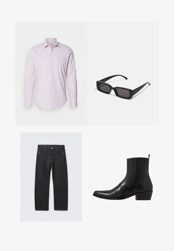 Tmavošedý dvojradový kabát vyrobený z vlnenej zmesi s klopovými chlopňami, dvoma prednými vreckami a šiestimi gombíkmi. Viditeľná podšívka.; Svetloružová bavlnená košeľa s bielymi vertikálnymi pruhmi, s bodkovým golierom, dlhými rukávmi a gombíkovým zapínaním vpredu. Mäkka textúra.; Čierne denimové nohavice so strihom rovného nohavicu, s gombíkovým zapínaním, piatimi vreckami a kovovými detailmi v medi. Hladká textúra.; Čierne kožené členkové topánky s špičatou špičkou, elastickými bočnými panelmi, vertikálnymi švami a nízkym blokovým podpätkom.; Čierne obdĺžnikové slnečné okuliare s tmavými šošovkami, lesklým povrchom, širokými ramenami a robustným rámovým dizajnom. Vygravírované meno značky na jednom ramene.