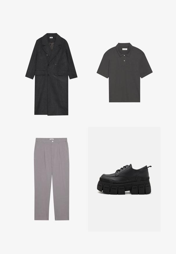 Tmavě šedý dvouřadý kabát vyrobený z vlněné směsi s klopovými límci, dvěma předními kapsami a šesti knoflíky. Viditelná podšitá vnitřní část.; Tmavě šedé polo tričko s tradičním límečkem, tříknoflíkovou légou, krátkými rukávy a kapsou na levé straně hrudi. Hladká struktura látky.; Šedé kalhoty s rovný střih, obsahující dvě přední kapsy, skladby a zapínání na knoflík. Vyrobeno z lehkého materiálu.; Buffalo GOSPHER LACE UP - Šněrovací boty - black