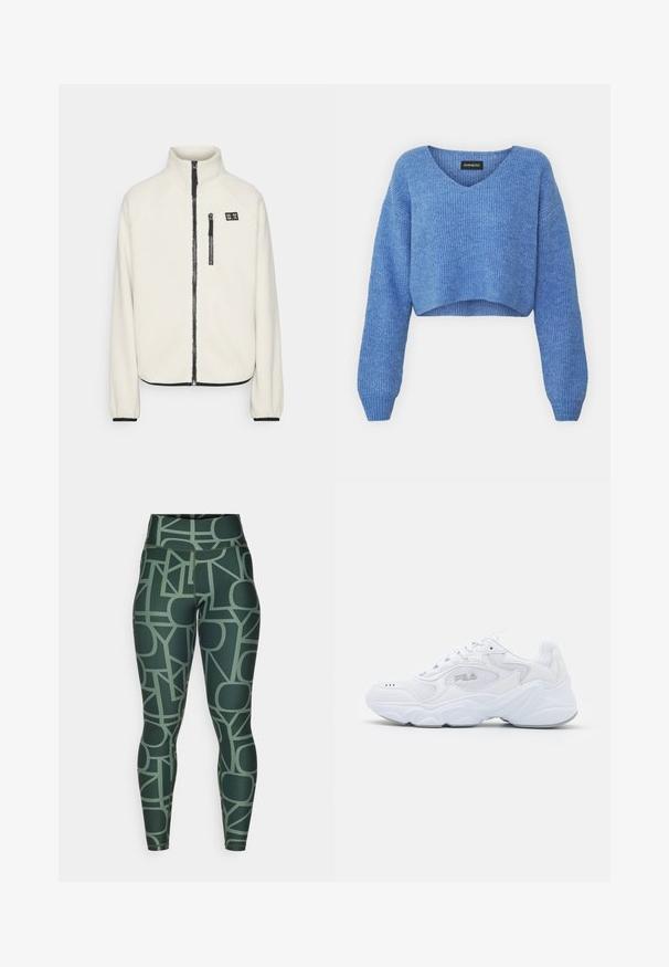 ONLY Play ONPMON - Jakna iz flisa - pumice stone; Modra skrajšana jopica z V-izrezom, rebrasto teksturo in dolgimi rokavi. Narejena iz mehkega materiala. Oznaka: even&odd.; Visoke zelene legice z geometrijskim vzorcem v odtenkih zadržanih tonov. Narejene iz raztegljivega, gladkega materiala z oprijetim krojem.; Bela športna obuvala z teksturirano mrežasto zgornjico, oblazinjeno obrobo in debelim podplatom. Ima logotip ob strani in vezalni sistem.