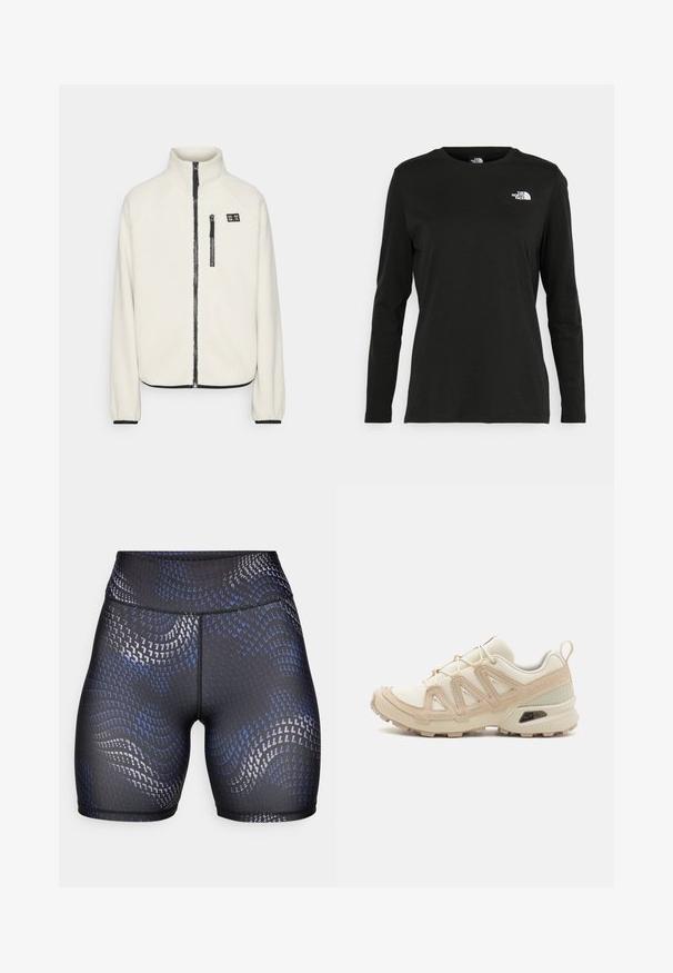 ONLY Play ONPMON - Fliisjakk - pumice stone; Must mustahiheline T-särk, millel on pikad varrukad, valmistatud puuvillast ja ümarast kaelusest. Vasakul rinnal on väike valge logo. Lihtne disain ja sobivus.; Kõrgema vöökohaga mustad lühikesed püksid, mis on valmistatud venivast kangast ja millel on laineline sinine ja hõbedane muster. Sile tekstuur koos kontrastsete õmblustega.; Beež ja koobalti spordijalats tekstureeritud võrkkattega, toetavad ülemised kihid ja kummist tallaga, millel on mustriga joonistus haardeks.