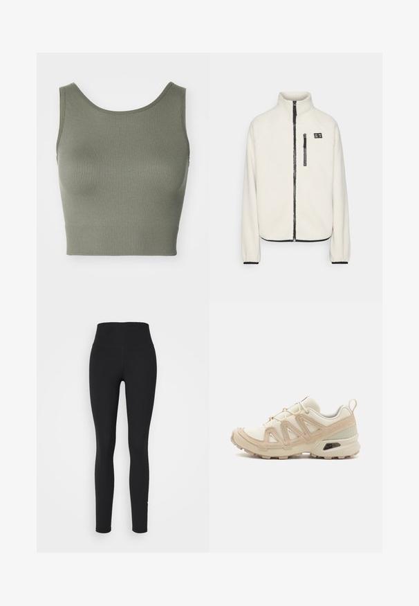 ONLY Play ONPMON - Fleece jacket - pumice stone; ONLY Play ONPJAIA LIFE SEAM SHORT - Top - kalamata; Black leggings with a high waistband, made from stretchy fabric. Smooth texture, tapered legs, and no visible seams or patterns.; Beige and cream athletic shoe with textured mesh upper, supportive overlays, and rubber outsole featuring a tread pattern for traction.