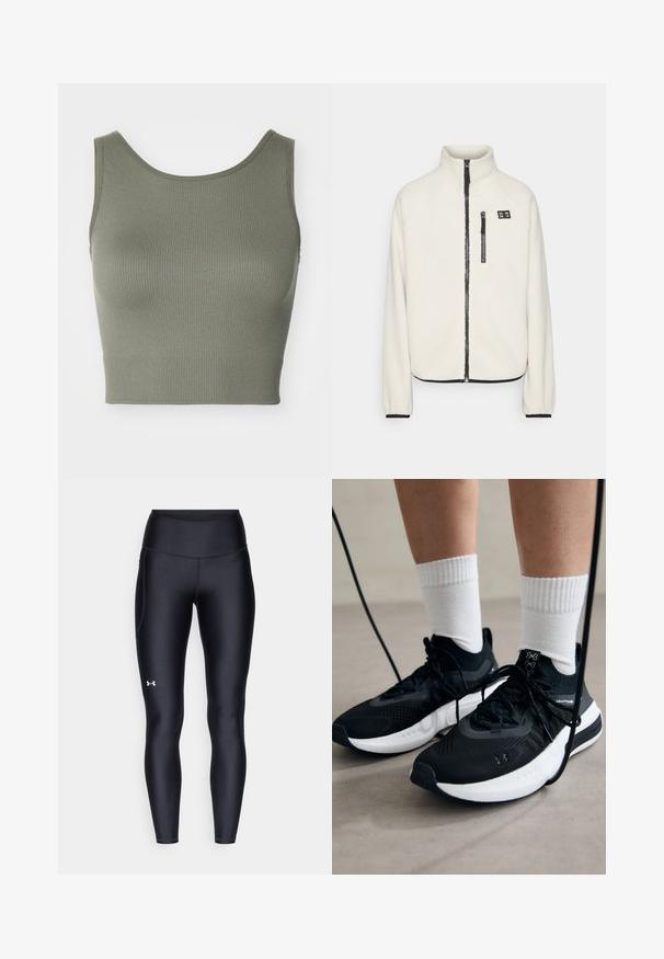 ONLY Play ONPMON - Flīsa jaka - pumice stone; ONLY Play ONPJAIA LIFE SEAM SHORT - Tops - kalamata; Melnas leginses, kas izgatavotas no gluda, elastīga materiāla ar augstām jostām. Ir balta logo kreisajā augšstilbā un pieguļoša piegriezuma dizains.; Melni sporta apavi ar strukturētu audumu, balta zole un melni šņores. Valkāti ar baltām ribotām zeķēm, stāvot uz gaišas virsmas.