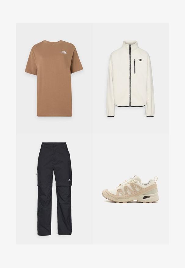 ONLY Play ONPMON - Fleecejacke - pumice stone; Braunes Baumwoll-T-Shirt mit kurzen Ärmeln und rundem Halsausschnitt. Hat ein kleines weißes Logo auf der oberen linken Brustseite.; Schwarze Nylon-Zip-Off-Cargohosen mit verstellbaren Bündchen, mehreren Taschen und einem Logo am rechten Bein. Glatte, leichte Textur.; Beige und cremefarbenen Sportschuh mit strukturiertem Mesh-Obermaterial, unterstützenden Überzügen und Gummisohle mit einem Profilmuster für Bodenhaftung.