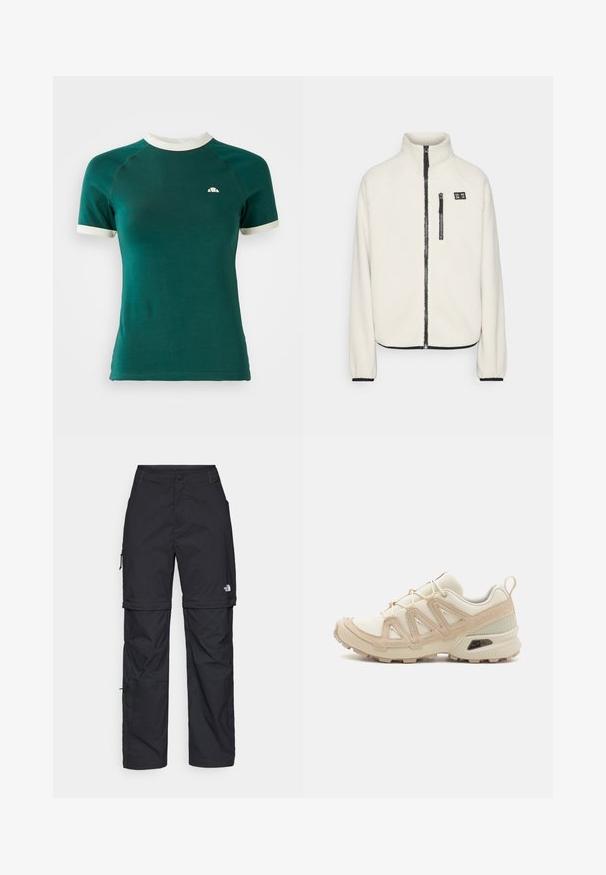 ONLY Play ONPMON - Jakna iz flisa - pumice stone; Zeleno kratke rokave majica s belim rebrastim okroglim izrezom in manšetami na rokavih. Ima majhen logotip na zgornjem levem delu prsnega koša.; Črne najlon hlače z zipom, ki se lahko odstranijo, s prilagodljivimi manšetami, več žepi in logotipom na desni nogi. Gladka, lahka tekstura.; Bež in krem športni čevlji z teksturiranim mrežastim zgornjim delom, podpornimi prekrivali in gumijastim podplatom z vzorcem za oprijem.