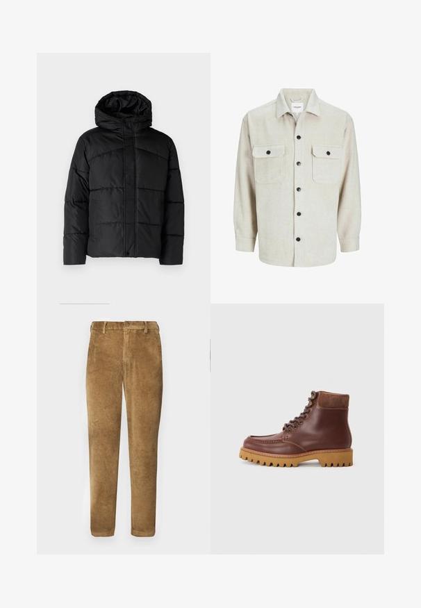 Fekete párnázott dzseki kapucnival, steppelt mintával, cipzáras elülső záródással és oldalsó zsebekkel. Lágy, sima textúra az egész anyagon.; Beige flanel ing, gallérnyakkal, két mellzsebbel, fekete gombokkal és gombbal záródó hosszú ujjakkal.; Barna kordbársony nadrág, függőleges bordázott textúrával, egyenes szabással, gombos záródással és övhurkokkal. Simított anyag, kellemes tapintású.; Barna bőr bokacsizma velúr díszítéssel, kerek orral és texturált gumitalppal. Fém szemekkel és lapos fűzőkkel rendelkezik.