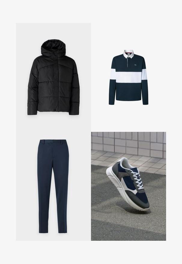 Fekete párnázott dzseki kapucnival, steppelt mintával, cipzáras elülső záródással és oldalsó zsebekkel. Lágy, sima textúra az egész anyagon.; Tengerészkék és fehér hosszú ujjú póló ing, galléros nyakkal, kontrasztos csíkokkal és kis hímzett logóval a mellen.; Tengerészkék, egyenes szabású, testre szabott nadrág, gombos záródással és övhurkokkal. Simább, könnyű anyagból készült.; Cipő, amelynek sötétkék hálós felsőrésze, szürke velúr díszítései, fehér gumitalpa és lapos fehér fűzője van, a kényelem és a légáteresztő képesség érdekében tervezve.