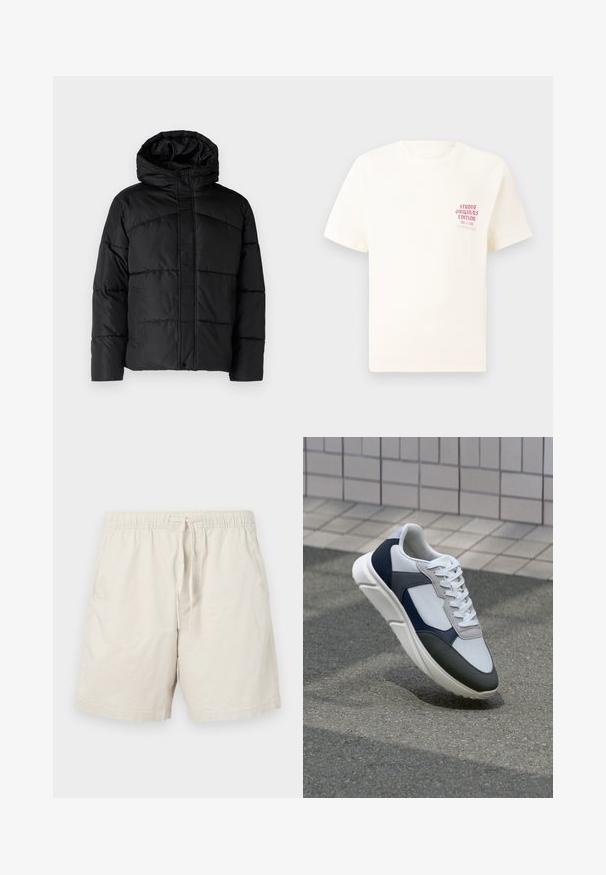 Black padded jacket with a hood, featuring a quilted design, zip front closure, and side pockets. Soft, smooth texture throughout.; White short-sleeve T-shirt with red text "Studio Originals Edition" on left chest, displayed on a neutral gray background.; Beige cotton shorts with an elastic waistband, adjustable drawstring, and side pockets. Features a smooth, lightweight texture.; White, navy, and gray sneaker with a mixed material design, featuring a textured upper, flat laces, and a cushioned sole.