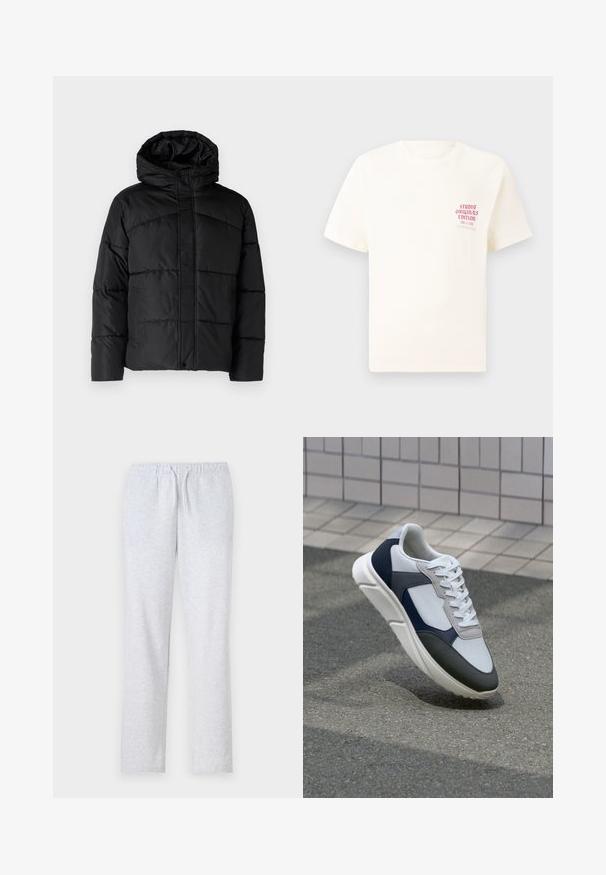 Casaco acolchoado preto com capuz, apresentando um design acolchoado, fecho frontal com zíper e bolsos laterais. Textura suave e lisa em todo o casaco.; T-shirt branca de mangas curtas com o texto vermelho "Edição Originais do Estúdio" no lado esquerdo do peito, apresentada sobre um fundo cinza neutro.; Calças de moletom cinzentas feitas de um tecido macio, com uma cintura elástica e cordão, pernas retas e uma textura suave.; Sapatilhas brancas, azuis-marinho e cinzas com um design de materiais mistos, apresentando uma parte superior texturizada, atacadores planos e uma sola acolchoada.