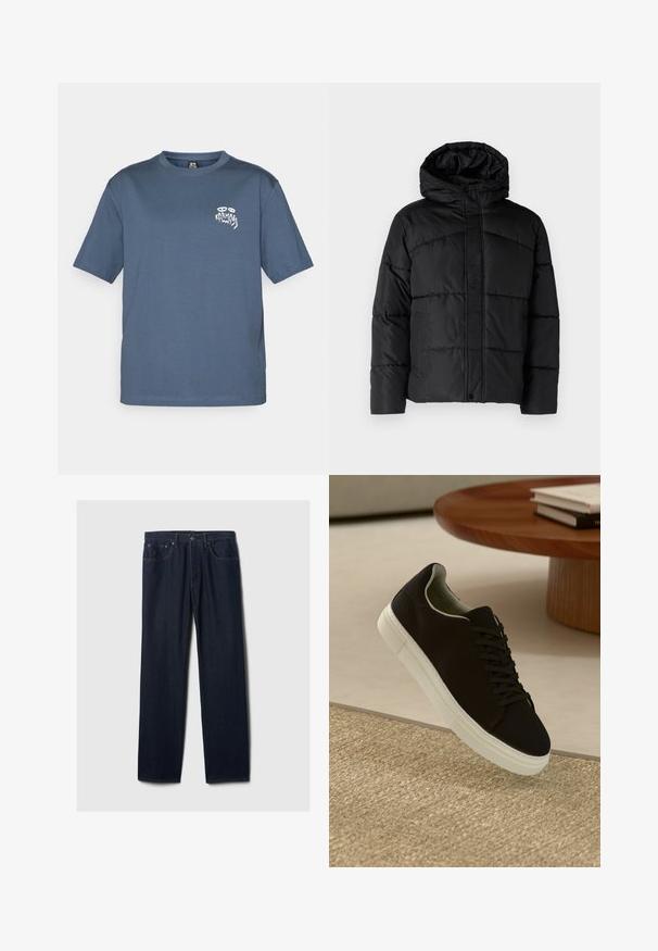 Juoda paminkštinta striukė su gobtuvu, pasižyminti kvadratinio rašto dizainu, užtrauktuko priekiniu uždarymu ir šoninėmis kišenėmis. Minkšta, lygi tekstūra visame paviršiuje.; Mėlynas trumpomis rankovėmis džemperis su apvalia kaklo iškirpte ir mažas baltas grafikos logotipas kairėje krūtinės pusėje.; Tamsiai mėlynos tiesios kojų džinsinės kelnės su penkių kišenių dizainu, mygtukų uždarymu ir matoma siuvimo linija ant šviesaus fono.; Juodas sportinis batelis su baltu padu, lekiančius virš smėlio spalvos tekstūruoto kilimo šalia apvalaus medinio stalo su sukrautomis knygomis.